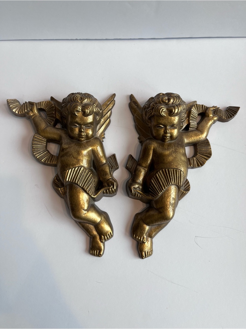 Vintage Burwood Gold Cherub Angel Babies Wall Plaques Regency